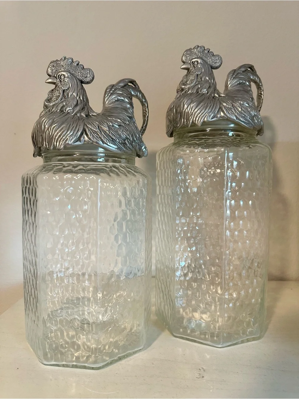 Vintage 2002 RARE Arthur Court Rooster Lids Glass Canisters - Set of 2